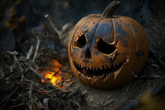 Resti carbonizzati di jackolantern dopo essere stati bruciati nel fuoco creato con l'intelligenza artificiale generativa