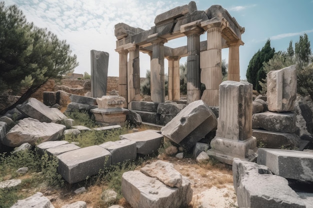 Resti di antico tempio con pietre alterate e colonne spezzate