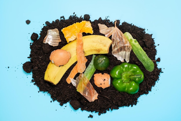 Resti di cibo e terreno su sfondo blu vista ravvicinata dall'alto concetto di compost