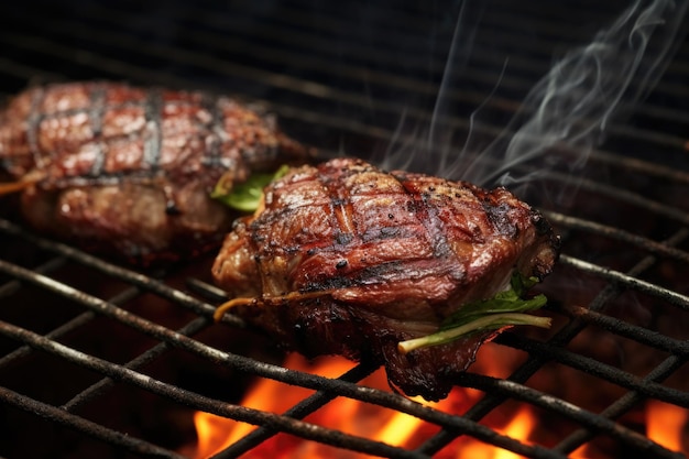 Rete da barbecue riempita con costolette di agnello sfrigolanti e leggermente carbonizzate