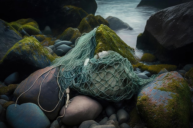 Rete da pesca lavata e aggrovigliata tra le rocce e le alghe