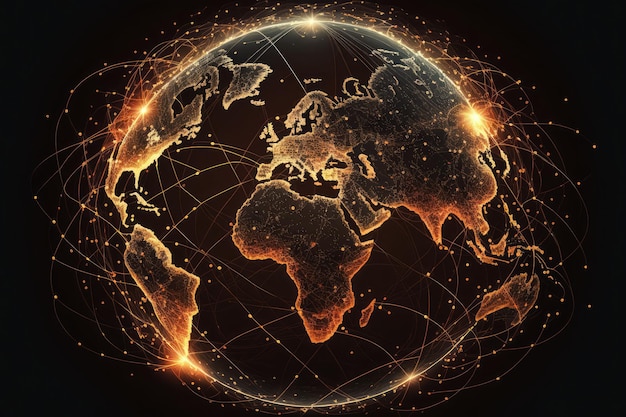 Rete di comunicazione digitale di linee luminose che collegano le città di tutto il mondo su un globo digitale