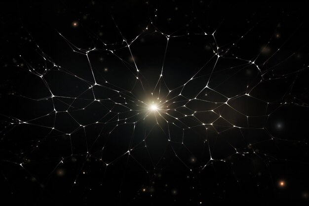 Rete di ragno astratta come cornice di vetro digitale con luce su sfondo nero spazio di copia vuoto