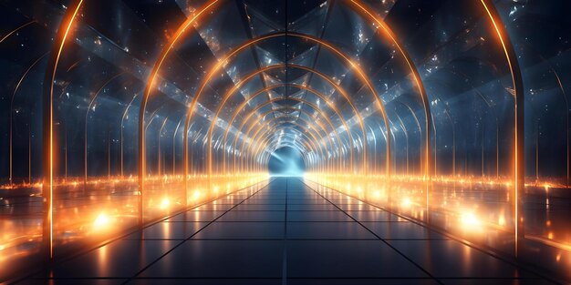 Rete futuristica di tunnel geometrici con codice digitale e luci interne Concetto Tecnologia futuristica Progettazione geometrica Codice digitale Layout della rete di luci interne