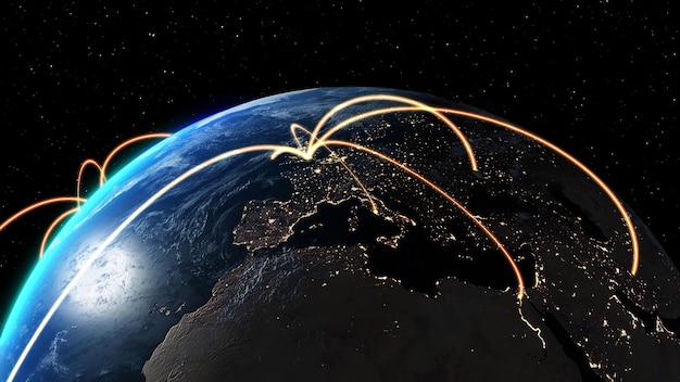 Rete globale e connessione Internet nel globo terrestre orbitale