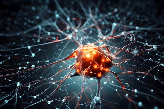 Rete neurale ramificata arancione con nodi di connessione su sfondo scuro Neuroni biologicamente attivi