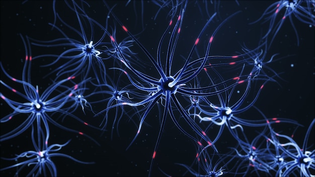 Rete neurale su uno sfondo blu scuro con effetti di luce