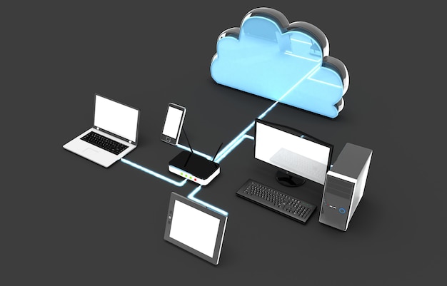 Rete Wi fi di dispositivi elettronici. illustrazione 3D