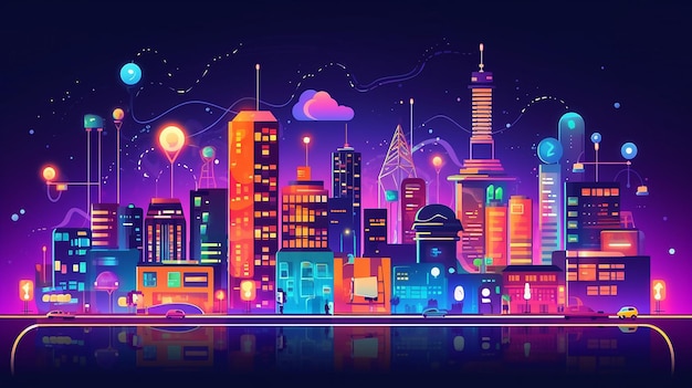 Rete wireless 5G e concetto di città intelligente notte IA generativa