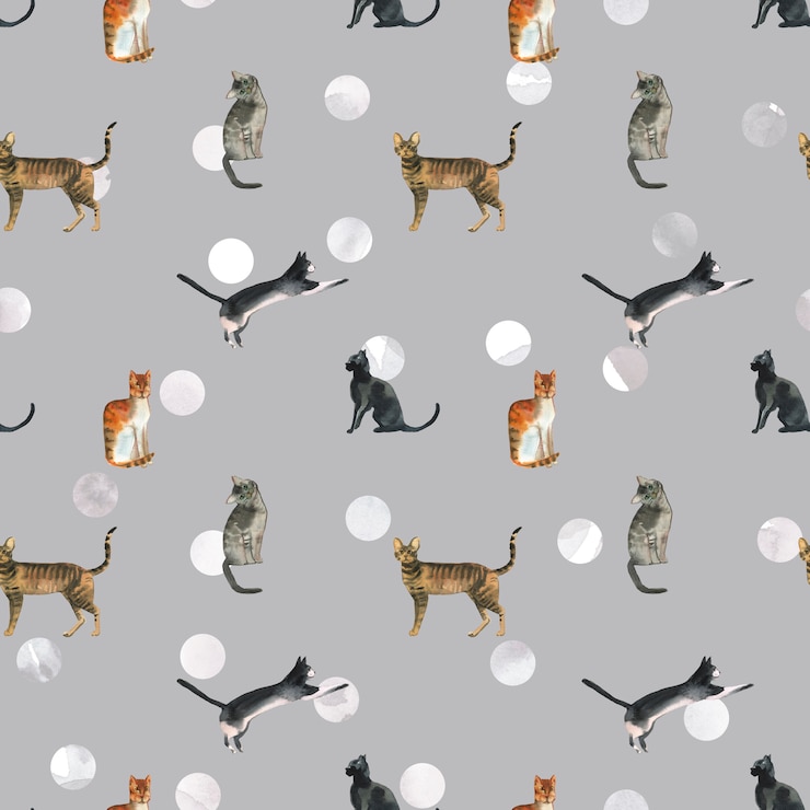 Foto reticolo dei gatti dell&#39;acquerello su sfondo a pois. modello di gatti vintage per tessile o carta da imballaggio.