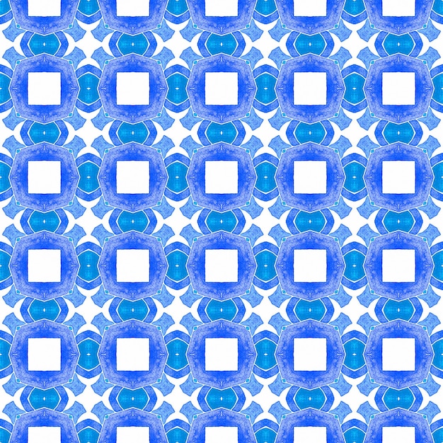 Reticolo del confine etnico estate dell'acquerello. Design estivo blu mesmeric boho chic. Stampa memorabile pronta per il tessuto, tessuto per costumi da bagno, carta da parati, involucro. Motivo etnico dipinto a mano.