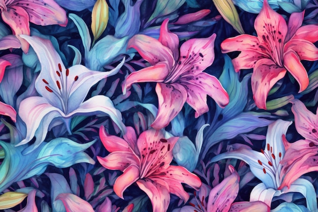 Reticolo dell'acquerello con fiori boccioli di lilie IA generativa