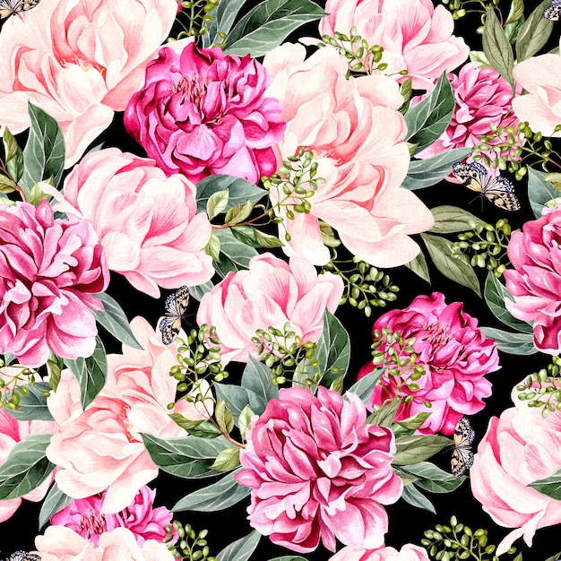 Reticolo dell'acquerello con fiori di peonia e farfalla