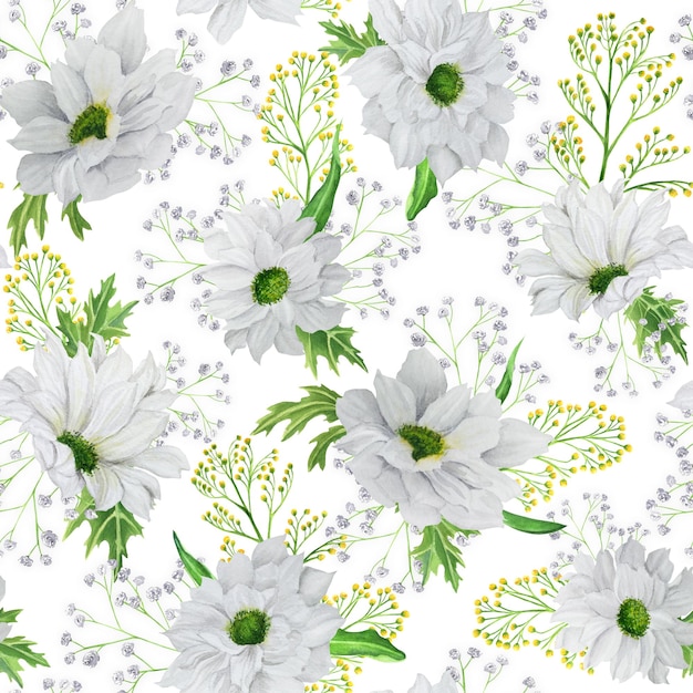 Reticolo di fiore senza giunte dell'acquerello disegnato a mano su priorità bassa bianca