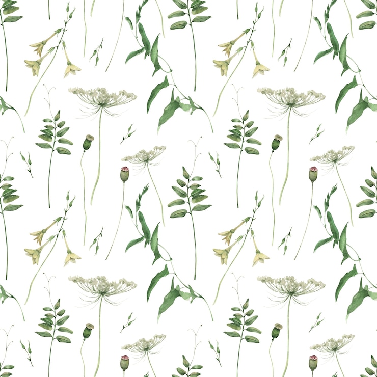 Foto reticolo senza giunte dei fiori di campo dell'acquerello su sfondo bianco reticolo senza giunte del verde