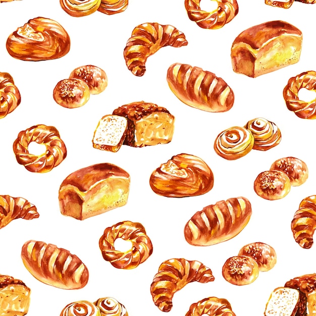 Reticolo senza giunte dei panini dell'acquerello Panini dolci Illustrazione di cottura