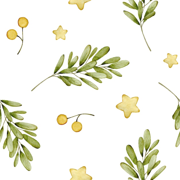 Reticolo senza giunte dell'acquerello con bacche di stelle gialle ed eucalipto Clipart disegnato a mano isolato