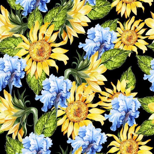 Reticolo senza giunte dell'acquerello con fiori gialli e blu Illustrazione