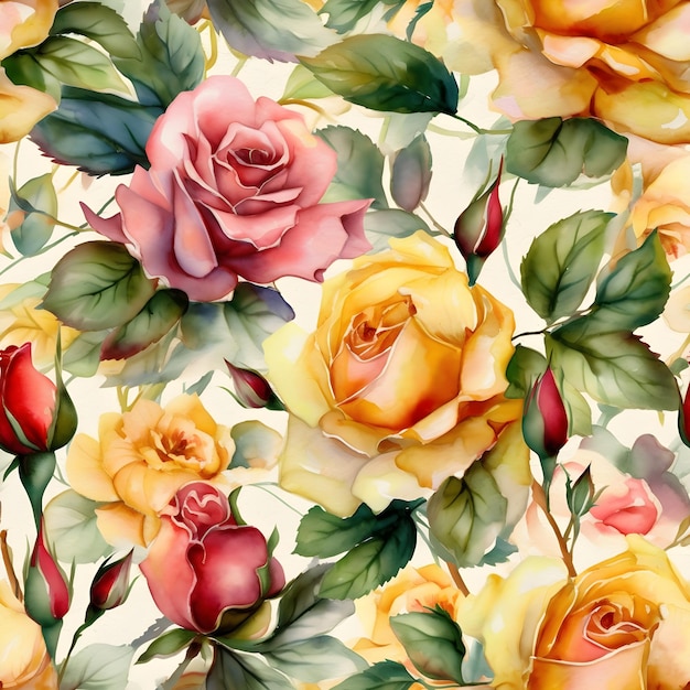 Reticolo senza giunte dell'acquerello con le rose Illustrazione floreale sfondo AI generato