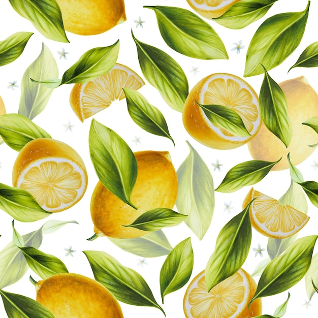 Reticolo senza giunte dell'acquerello con limone maturo fresco con foglie e fiori verde brillante Disegnato a mano