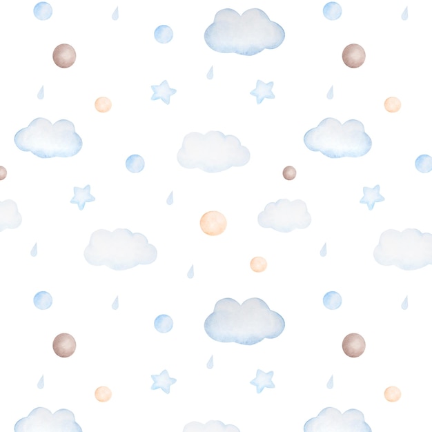 Reticolo senza giunte dell'acquerello con nuvole palle gocce e stelle nei colori blu su sfondo bianco