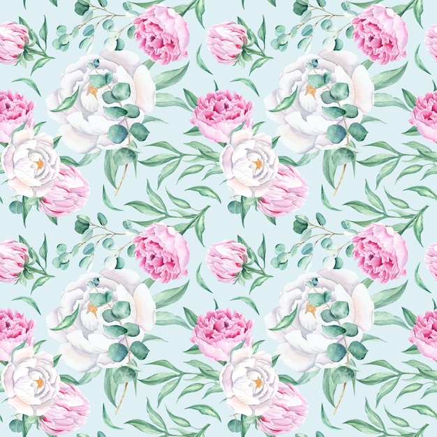 Reticolo senza giunte dell'acquerello con rami di eucalipto peonie bianche e rosa su sfondo blu può