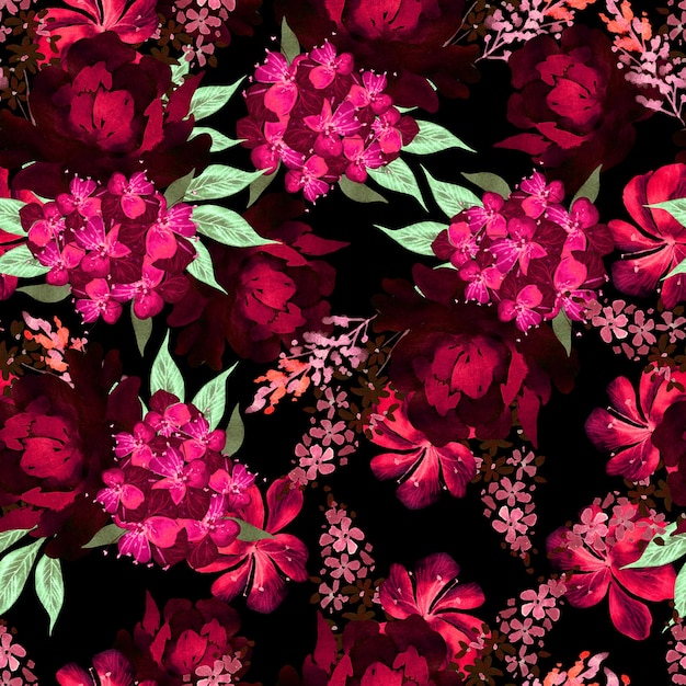 Reticolo senza giunte dell'acquerello con rose, peonia e fiori di ortensie. Illustrazione