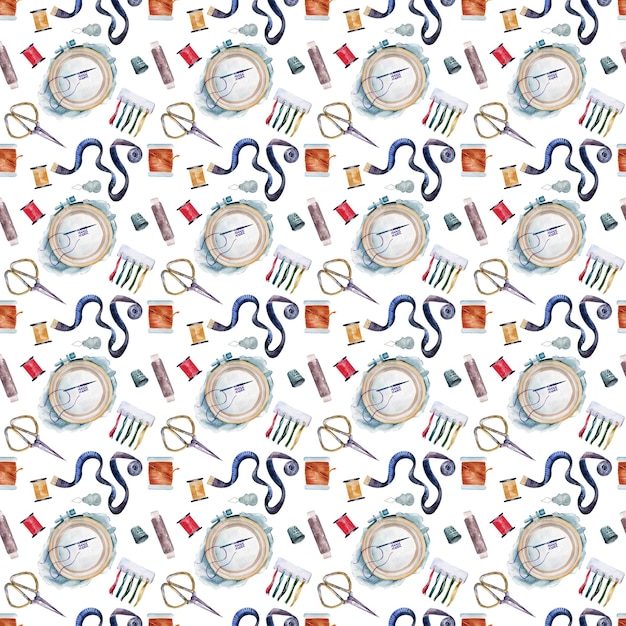 Reticolo senza giunte dell'acquerello con una serie di accessori per ricamo e cucito