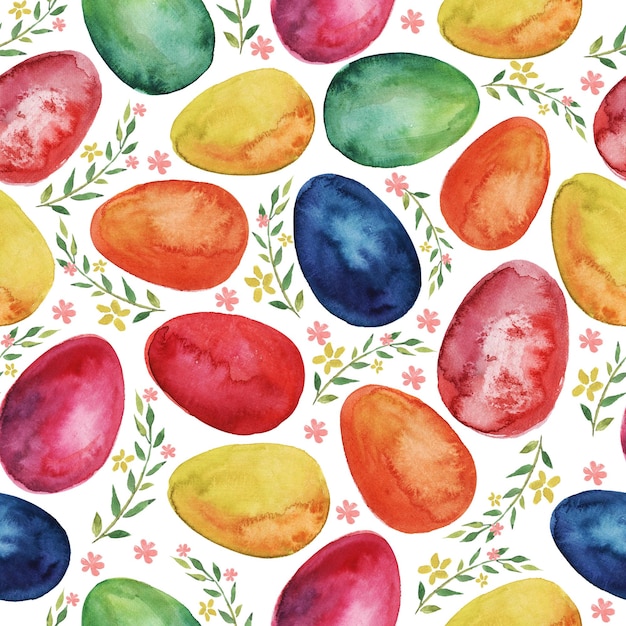 Reticolo senza giunte dell'acquerello con uova di Pasqua colorate e piante primaverili.