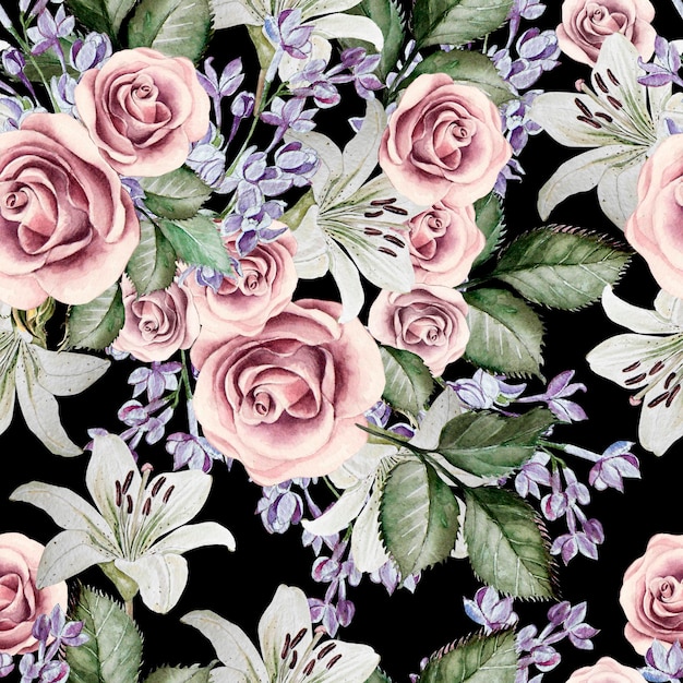 Reticolo senza giunte dell'acquerello luminoso con fiori gigli rose e illustrazioni di lillà
