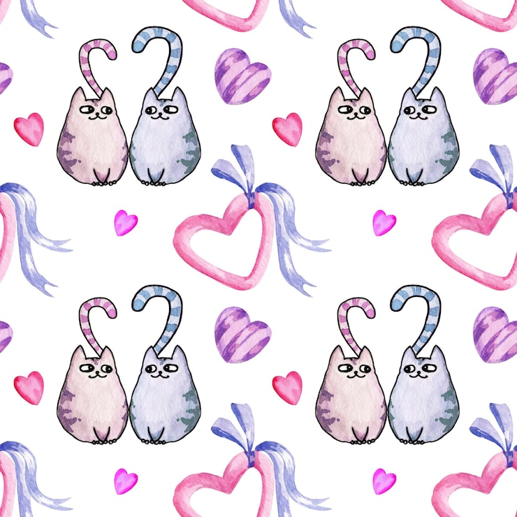 Foto reticolo senza giunte dell'acquerello sul tema dell'amore con cuore carino gatti dolci san valentino sfondo