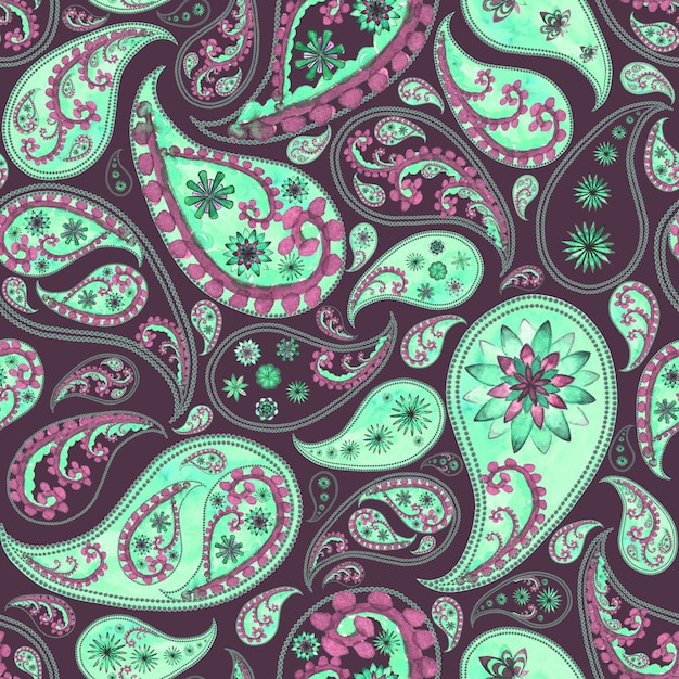 Reticolo senza giunte dell'annata stilizzato orientale floreale astratto di Paisley. Struttura verde rosa viola disegnata a mano dell'acquerello su fondo marrone. Carta da parati, involucro, tessile, tessuto