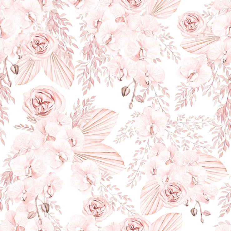 Foto reticolo senza giunte tropicale rosa di nozze dell'acquerello con fiori esotici orchidea rosa e foglie
