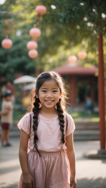 Retrato de una nina asiatica con trenzas sonriendo