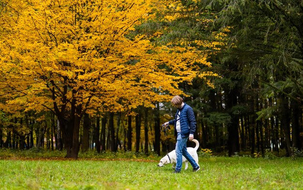 Retriever e proprietario stanno correndo nel parco Foglie dorate sugli alberi Favoloso autunno Migliore amico per sempre