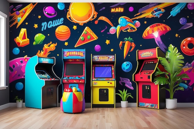 Retro Arcade Game Mural in uno spazio di intrattenimento vibrante