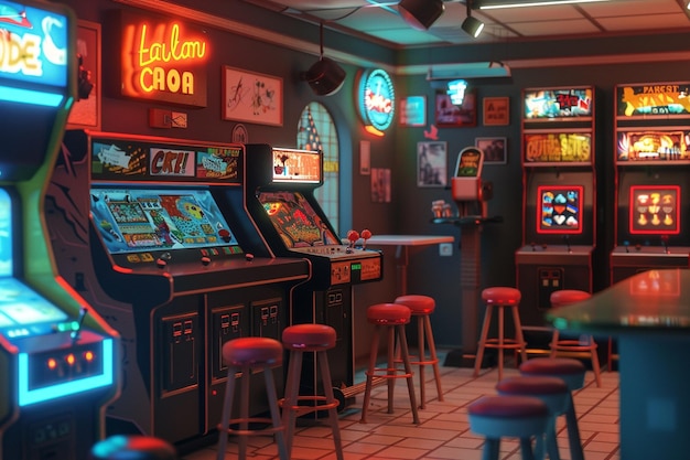 Retro arcade game room bar setup octane rendering