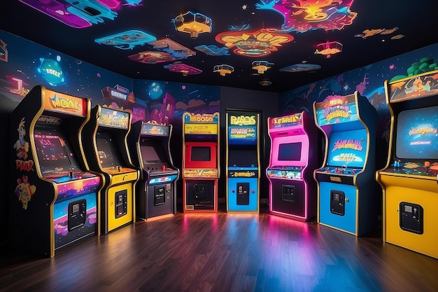 Retro Arcade Game Wall Mural in un vibrante spazio di intrattenimento