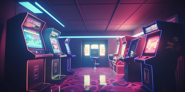 Retro Arcade Machin room una sala synthwave con Arcade Machin anni '80 vibes cyberpunk colorato futuristico