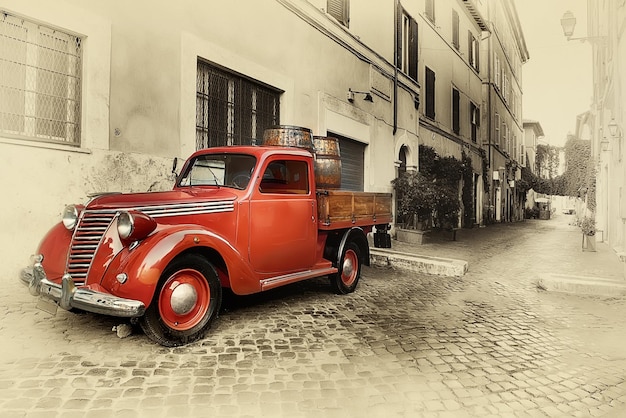 Retro automobile rossa sulla via di Trastevere a Roma, Italy