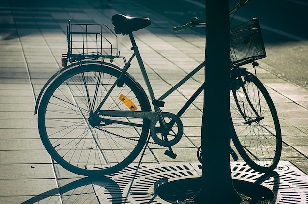 Retro bicicletta sulla strada con un'ombra - immagine concettuale elegante in bianco e nero