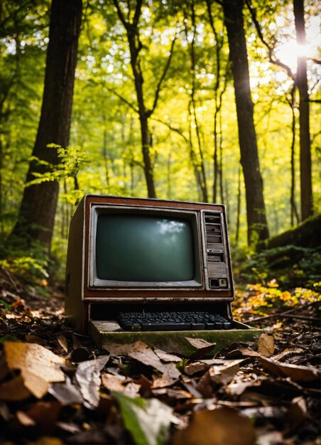 Retro computer desktop MAC abbandonato nel bosco canon EOS 5D dettagli estremamente intricati dramati