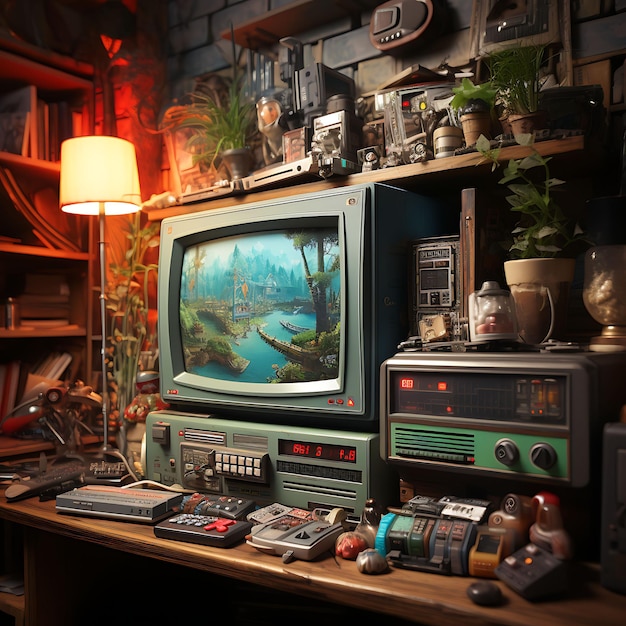 Retro Console Gaming Nook Vintage Color Theme Retro Gamingco Creative Live Stream Idea di sfondo