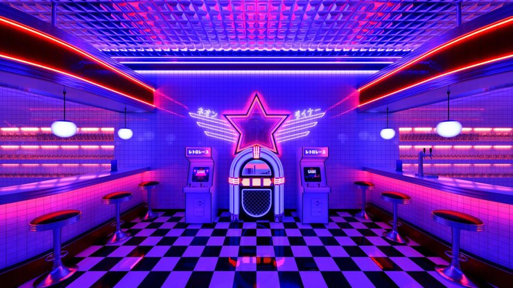 Retro diner interior with tile floor jukebox neon illumination