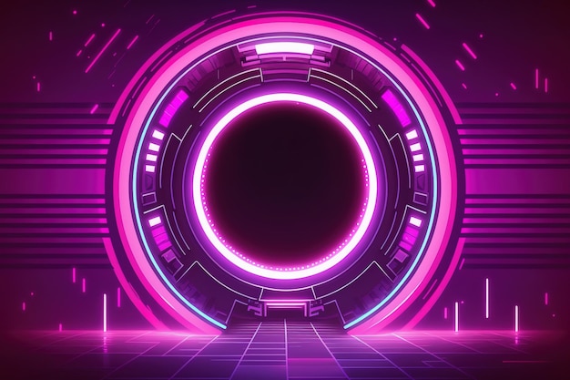 Retro Future Cyberpunk Abstract Pink Purple Neon Glow Circle Floating Ring and Grid Background Cyberpunk Magic Portal