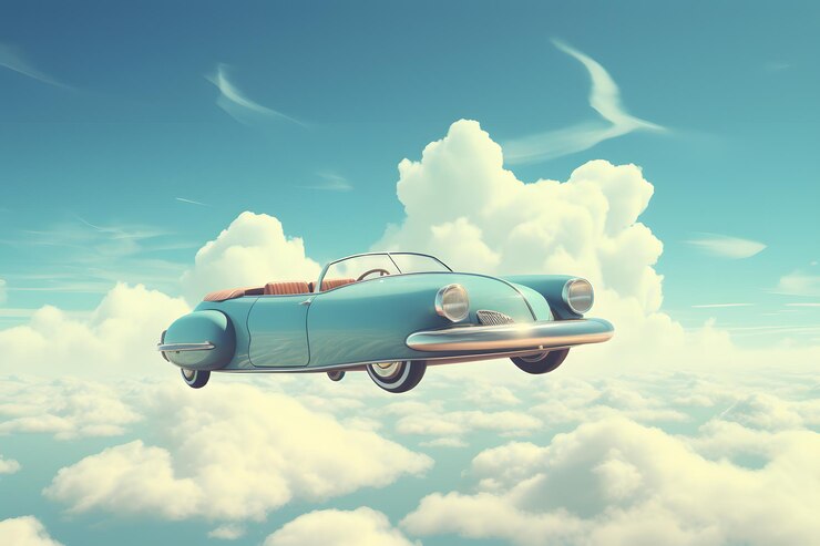 Retro Futurism Soars Vintage SciFi Car in the Blue Sky