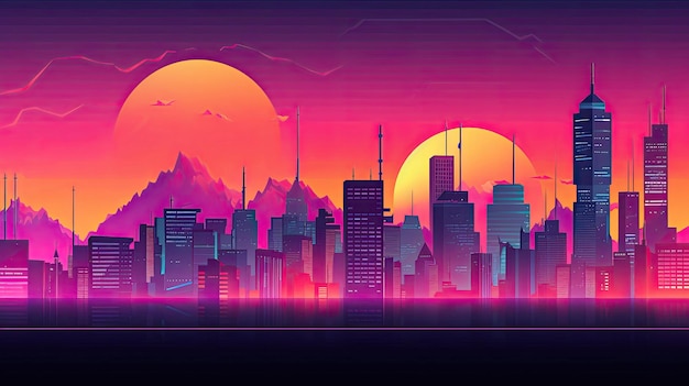 Retro futuristica synthwave retrowave in stile città notturna con tecnologia generativa AI