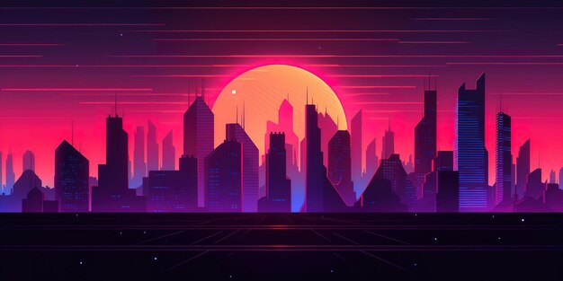 Retrò futuristico synthwave retrowave in stile paesaggio urbano notturno con tramonto sullo sfondo Modello di copertina o banner per la musica d'onda retrò