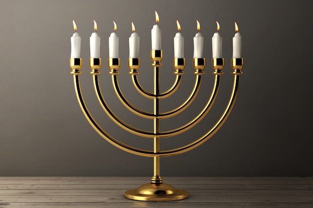 Retro Golden Hanukkah Menorah con candele accese su un tavolo di legno. Rendering 3D