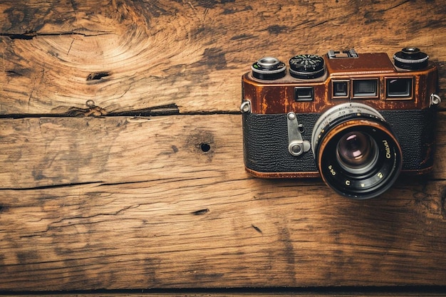 Retro macchina fotografica vintage e pellicola grafica su fondo in legno
